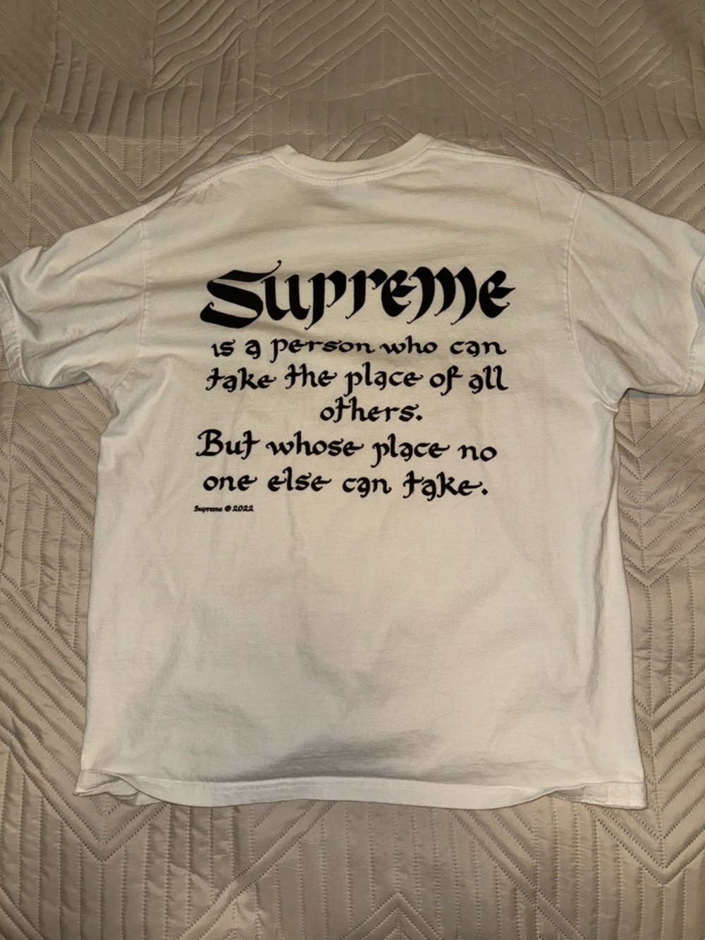 Supreme White Tee with Black Gothic Logo and Quote